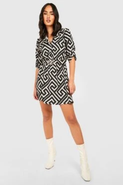 Vestito Camicia Con Motivi Geometrici E Cintura