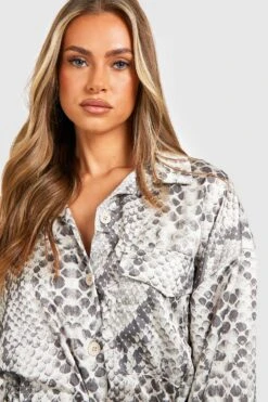 Vestito Camicia Premium In Raso Effetto Pelle Di Serpente Stile Utility 6 Vestito Camicia Premium In Raso Effetto Pelle Di Serpente Stile Utility -Negozio al dettaglio Vestiti gzz33476 stone xl 2