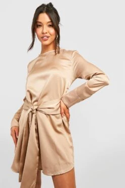 Vestito A Trapezio In Raso Con Dettagli Attorcigliati E Spalline Imbottite -Negozio al dettaglio Vestiti gzz33485 mocha xl 2