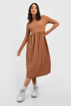 Vestito Midi A Coste Effetto Goffrato Con Collo Alto -Negozio al dettaglio Vestiti gzz33908 camel xl 2