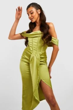 Vestito Midi A Corsetto In Raso Drappeggiato Con Scollo Bardot -Negozio al dettaglio Vestiti gzz33948 chartreuse xl 3
