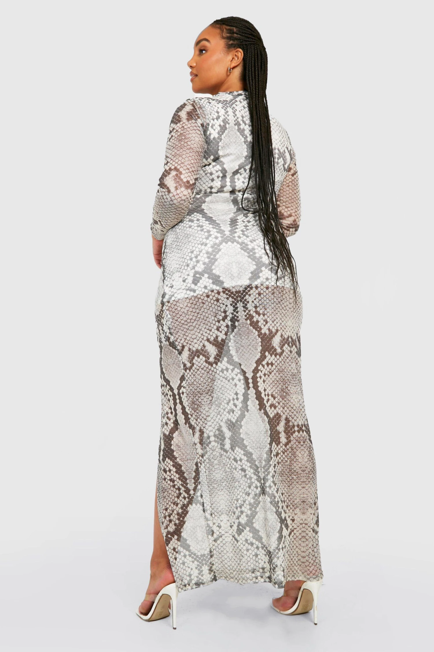 Vestito Maxi Plus Size A Maniche Lunghe In Rete Effetto Pelle Di Serpente Con Spacco Laterale 2 Vestito Maxi Plus Size A Maniche Lunghe In Rete Effetto Pelle Di Serpente Con Spacco Laterale - immagine 2