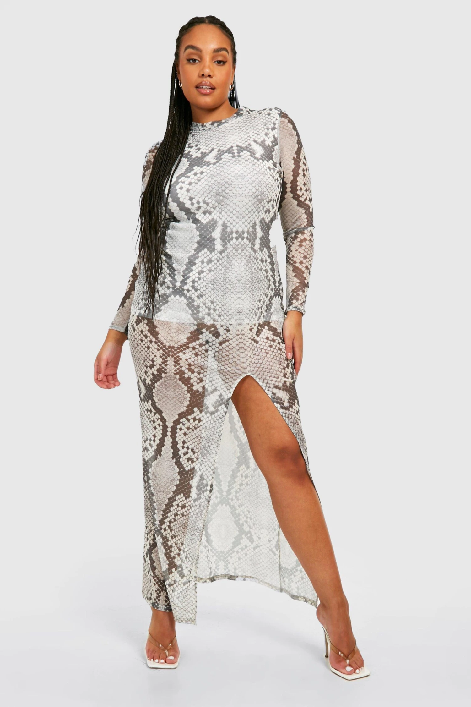 Vestito Maxi Plus Size A Maniche Lunghe In Rete Effetto Pelle Di Serpente Con Spacco Laterale 3 Vestito Maxi Plus Size A Maniche Lunghe In Rete Effetto Pelle Di Serpente Con Spacco Laterale - immagine 3
