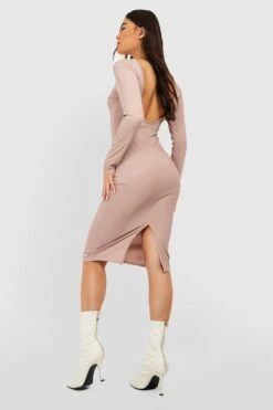 Vestito Midi A Coste Con Scollo Rotondo Sul Retro -Negozio al dettaglio Vestiti gzz34114 stone xl 1