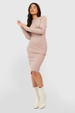 Vestito Midi A Coste Con Scollo Rotondo Sul Retro -Negozio al dettaglio Vestiti gzz34114 stone xl 2