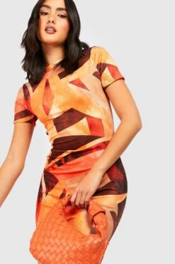 Vestito Midi A Coste In Fantasia Astratta Con Maniche Ad Aletta -Negozio al dettaglio Vestiti gzz34123 orange xl 3