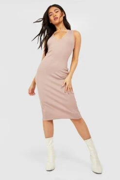 Vestito Midi A Coste Con Scollo Profondo