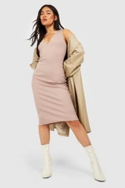 Vestito Midi A Coste Con Scollo Profondo -Negozio al dettaglio Vestiti gzz34127 stone xl 2