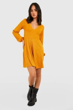 Vestito Skater Basic A Coste Con Scollo A V -Negozio al dettaglio Vestiti gzz34139 mustard xl 2