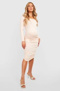 Vestito Midi Premaman Seducente Con Ruches E Scollo Quadrato