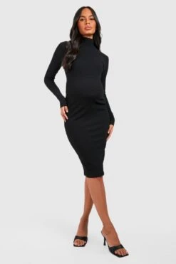 Vestito Midi Premaman A Coste Effetto Goffrato Con Collo A Imbuto