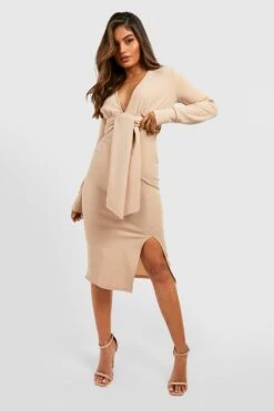 Vestito Midi Allacciato In Vita Con Scollo Profondo -Negozio al dettaglio Vestiti gzz34252 stone xl 2