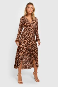 Vestito Scaldacuore Midi Leopardato Con Arricciature -Negozio al dettaglio Vestiti gzz34617 brown xl 2