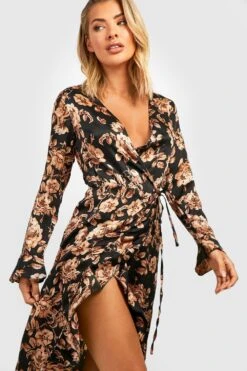 Vestito Scaldacuore Midi In Raso A Fiori Con Arricciature -Negozio al dettaglio Vestiti gzz34619 black xl 3