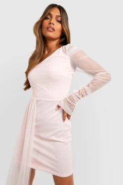 Vestito Monospalla In Rete Glitterata Con Ruches