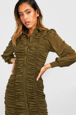 Vestito Camicia Midi In Rete Con Ruches -Negozio al dettaglio Vestiti gzz34629 khaki xl 3