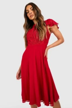 Vestito Skater Midi In Pizzo Con Volant Sulle Maniche