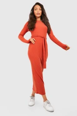 Vestito Midi Tall A Girocollo Morbido Con Cintura E Maniche Lunghe