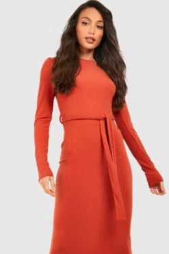 Vestito Midi Tall A Girocollo Morbido Con Cintura E Maniche Lunghe -Negozio al dettaglio Vestiti gzz34714 ochre xl 2
