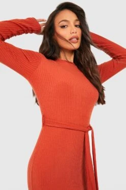 Vestito Midi Tall A Girocollo Morbido Con Cintura E Maniche Lunghe -Negozio al dettaglio Vestiti gzz34714 ochre xl 3