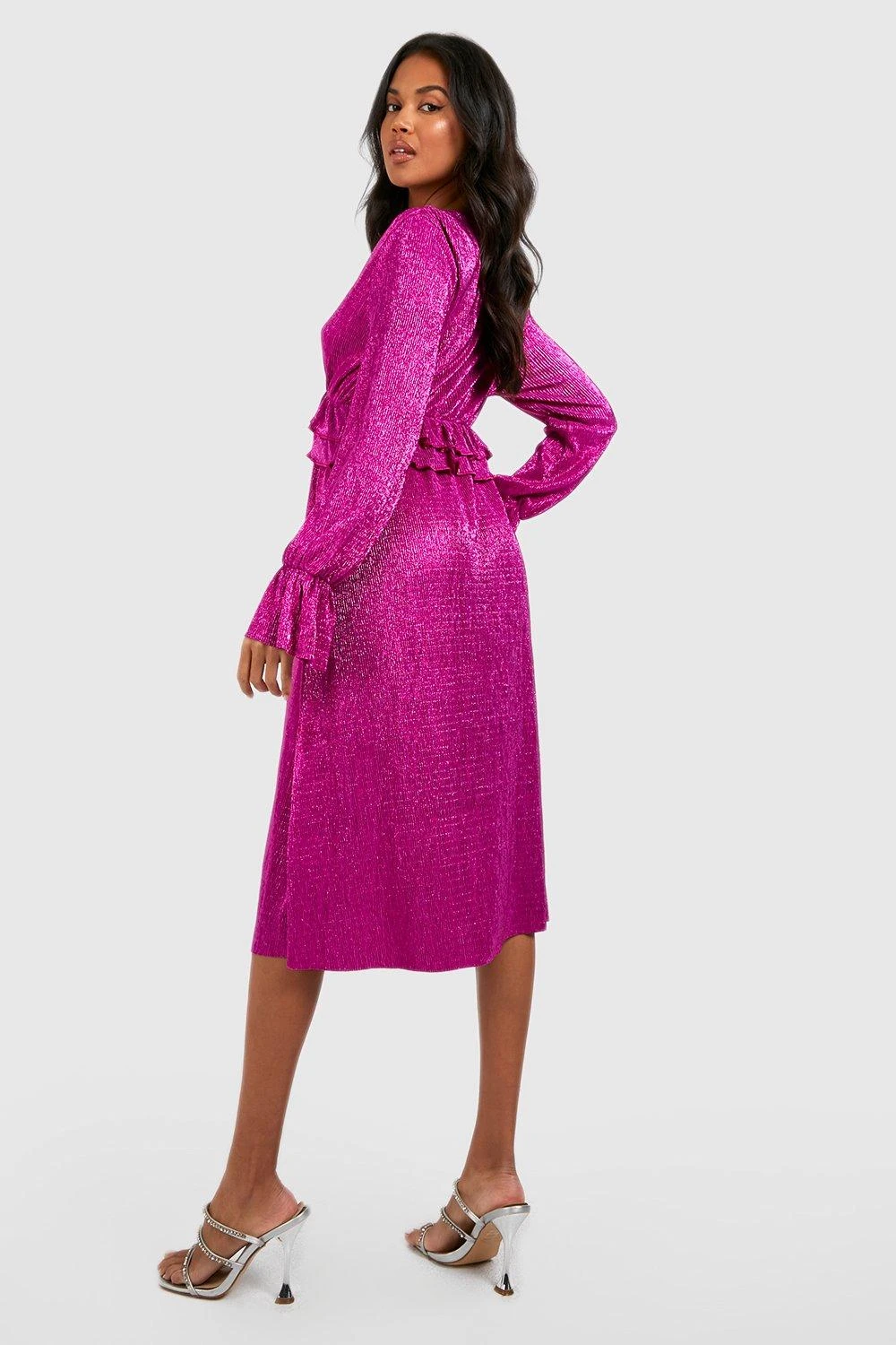 Vestito Skater Midi Da Party Metallizzato Plissettato Con Arricciature 2 Vestito Skater Midi Da Party Metallizzato Plissettato Con Arricciature - immagine 2