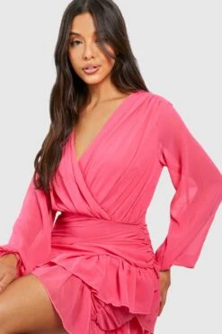 Vestito Scaldacuore In Chiffon Drappeggiato Con Arricciature 7 Vestito Scaldacuore In Chiffon Drappeggiato Con Arricciature -Negozio al dettaglio Vestiti gzz34896 magenta xl 3