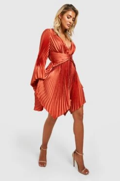 Vestito Skater In Raso A Pieghe Con Maniche Ad Angelo -Negozio al dettaglio Vestiti gzz34899 cinnamon xl 2