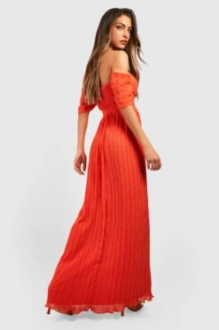 Vestito Maxi In Chiffon A Pieghe Con Scollo Bardot 5 Vestito Maxi In Chiffon A Pieghe Con Scollo Bardot -Negozio al dettaglio Vestiti gzz35377 orange xl 1