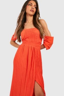 Vestito Maxi In Chiffon A Pieghe Con Scollo Bardot 6 Vestito Maxi In Chiffon A Pieghe Con Scollo Bardot -Negozio al dettaglio Vestiti gzz35377 orange xl 2