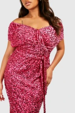 Vestito Midi Plus Size A Incrocio Con Paillettes E Spalle Scoperte -Negozio al dettaglio Vestiti gzz35433 pink xl 3