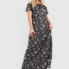 Vestito Maxi Plus Size In Jersey A Fiori Con Scollo Bardot E Arricciature