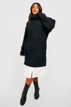 Vestito Camicia Plus Size In Maglia Intrecciata 2 In 1 Con Collo Alto