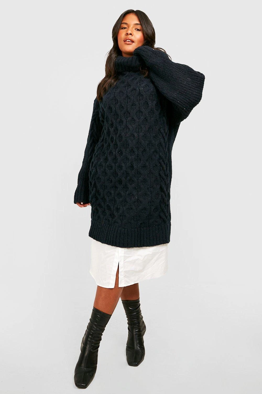 Vestito Camicia Plus Size In Maglia Intrecciata 2 In 1 Con Collo Alto 1 Vestito Camicia Plus Size In Maglia Intrecciata 2 In 1 Con Collo Alto