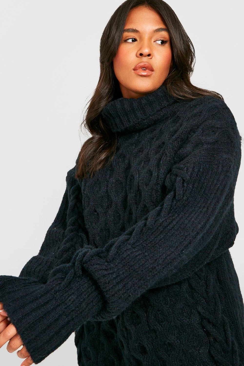 Vestito Camicia Plus Size In Maglia Intrecciata 2 In 1 Con Collo Alto 4 Vestito Camicia Plus Size In Maglia Intrecciata 2 In 1 Con Collo Alto - immagine 4