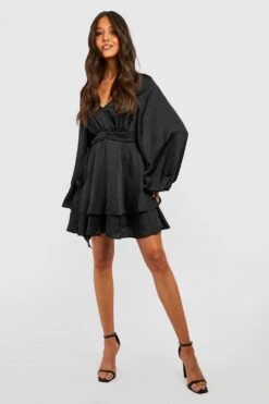 Vestito Skater In Raso Con Scollo Profondo E Maniche A Campana -Negozio al dettaglio Vestiti gzz35591 black xl 2