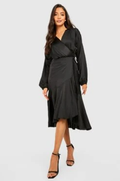 Vestito Scaldacuore Midi A Maniche Lunghe In Raso Con Arricciature -Negozio al dettaglio Vestiti gzz35762 black xl 2