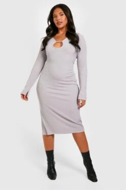Vestito Midi Plus Size A Coste Con Intaglio Sullo Scollo