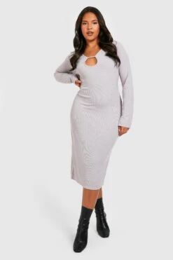 Vestito Midi Plus Size A Coste Con Intaglio Sullo Scollo -Negozio al dettaglio Vestiti gzz35863 grey xl 2