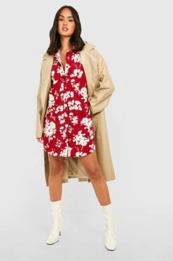 Vestito Camicia In Raso Con Stampa A Fiori -Negozio al dettaglio Vestiti gzz35893 red xl 2