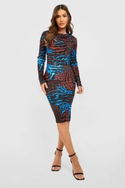 Vestito Midi Leopardato Plissettato A Maniche Lunghe Con Scollo A Cappuccio -Negozio al dettaglio Vestiti gzz35934 multi xl 2