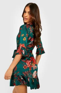 Vestito Skater In Raso A Fiori Con Arricciature -Negozio al dettaglio Vestiti gzz35937 green xl 1