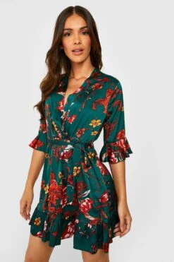 Vestito Skater In Raso A Fiori Con Arricciature -Negozio al dettaglio Vestiti gzz35937 green xl 2