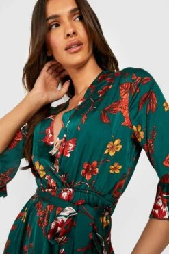 Vestito Skater In Raso A Fiori Con Arricciature -Negozio al dettaglio Vestiti gzz35937 green xl 3