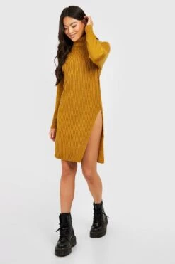 Vestito In Maglia A Coste A Collo Alto Con Spacco Sul Fondo -Negozio al dettaglio Vestiti gzz36122 mustard xl 2