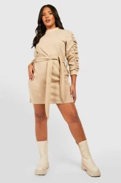 Vestito In Felpa Plus Size Con Ruches Sulle Maniche -Negozio al dettaglio Vestiti gzz37064 beige xl 2