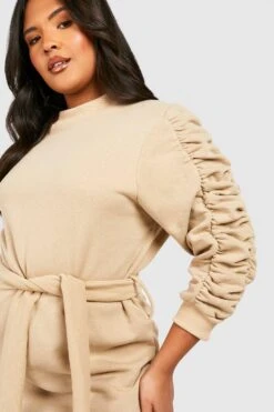 Vestito In Felpa Plus Size Con Ruches Sulle Maniche -Negozio al dettaglio Vestiti gzz37064 beige xl 3