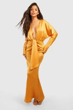 Vestito Maxi In Raso Con Scollo Profondo -Negozio al dettaglio Vestiti gzz37212 mustard xl 2