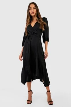 Vestito Midi In Raso Con Fondo Arricciato E Balze