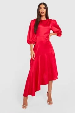 Vestito Midi In Raso Con Maniche A Sbuffo E Fondo Arricciato -Negozio al dettaglio Vestiti gzz37281 red xl 3