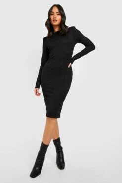 Vestito Midi A Coste A Maniche Lunghe Con Spalline Imbottite